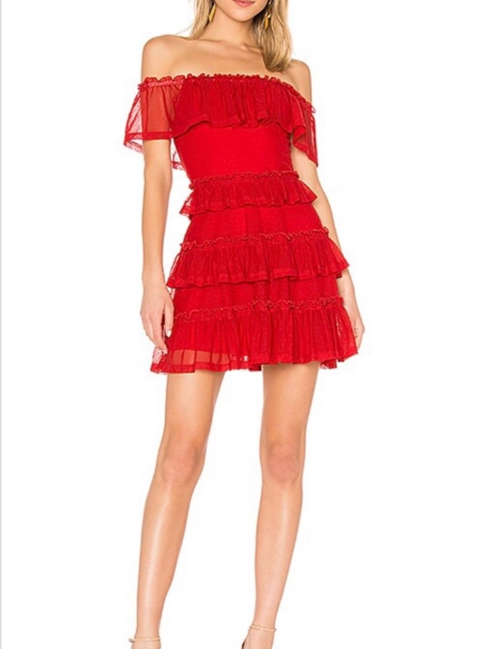 The Fifth Label Red Ruffled Off-Shoulder Tiered Dress. Size Medium